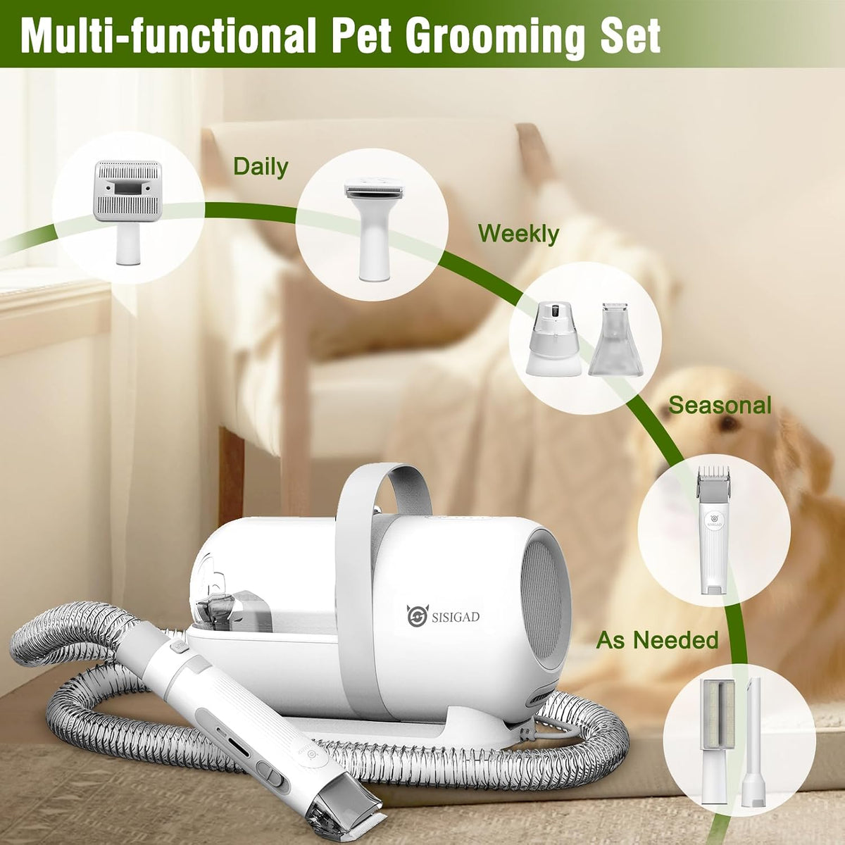 SISIGAD pet grooming vacuum displaying all seven included attachment tools