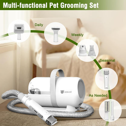 SISIGAD pet grooming vacuum displaying all seven included attachment tools