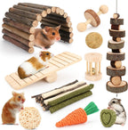 YIXUND hamster chew toys set front view with natural wooden accessories