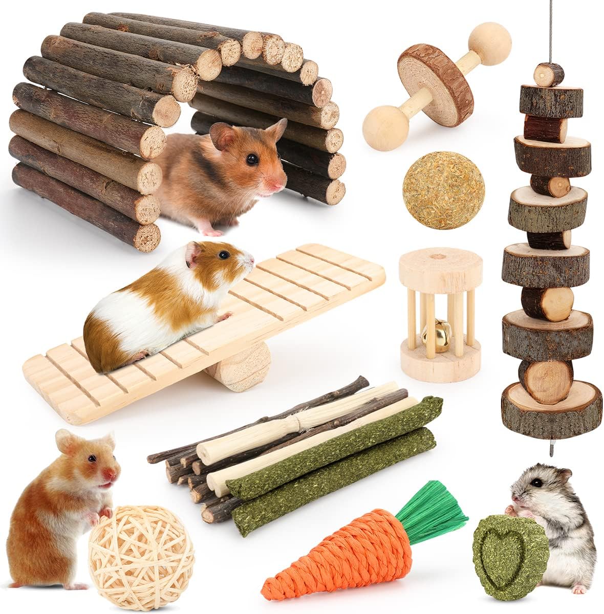 YIXUND hamster chew toys set front view with natural wooden accessories