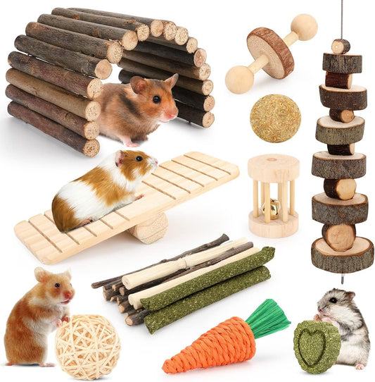 YIXUND hamster chew toys front view showing twelve different natural wooden cage accessories.