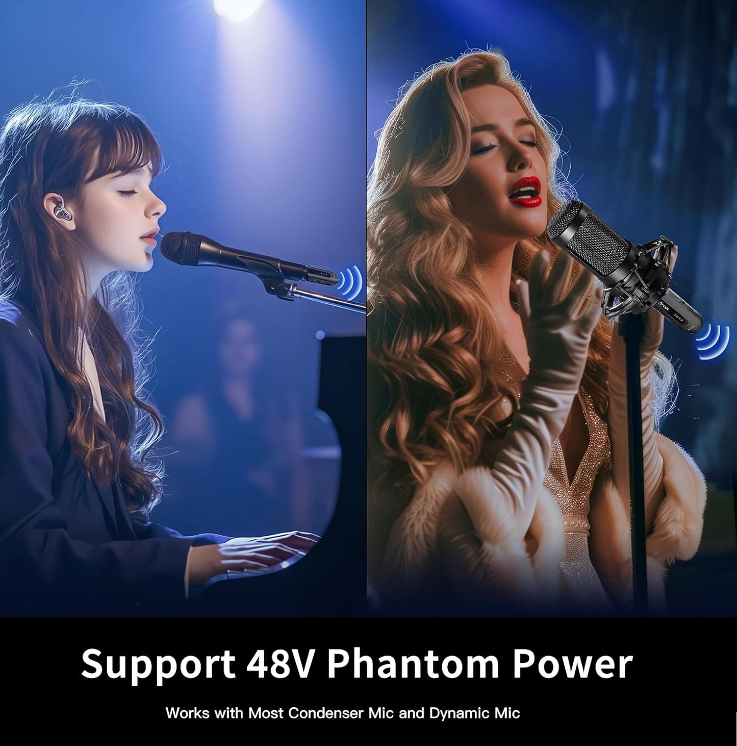 KYXAIN 2.4GHz XLR wireless microphone system connected to dynamic mic showing 48V switch