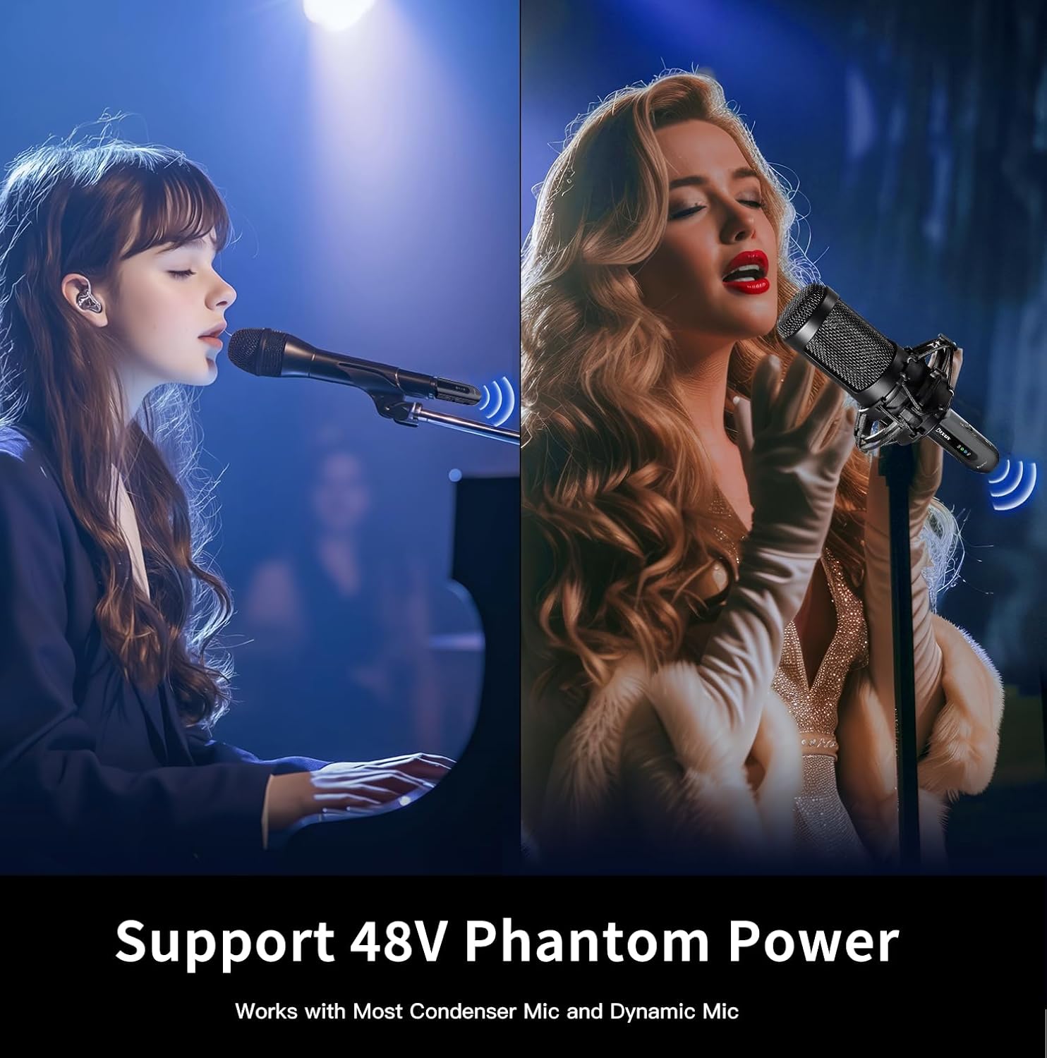 KYXAIN 2.4GHz XLR wireless microphone system connected to dynamic mic showing 48V switch