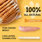 Dog enjoying a healthy chicken wrapped rawhide chew stick