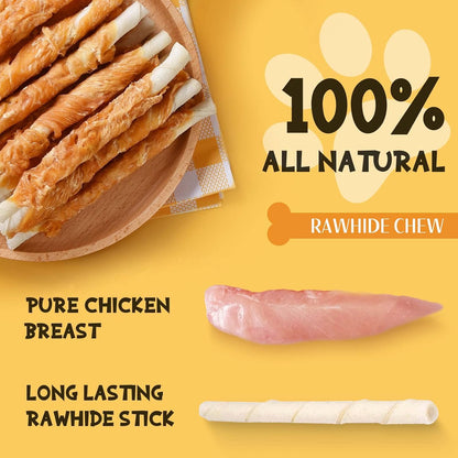 Dog enjoying a healthy chicken wrapped rawhide chew stick