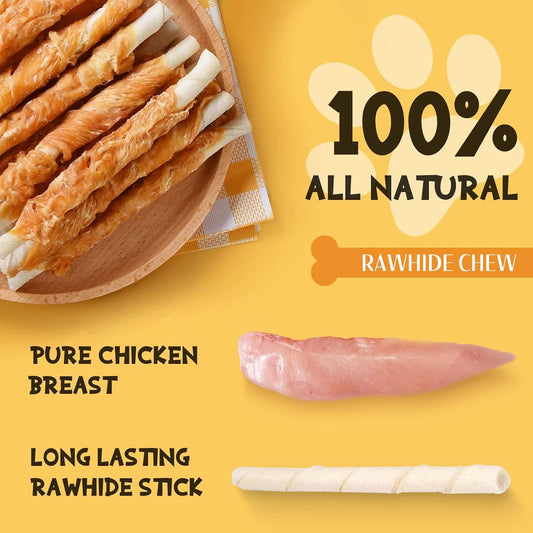 Dog enjoying a healthy chicken wrapped rawhide chew stick