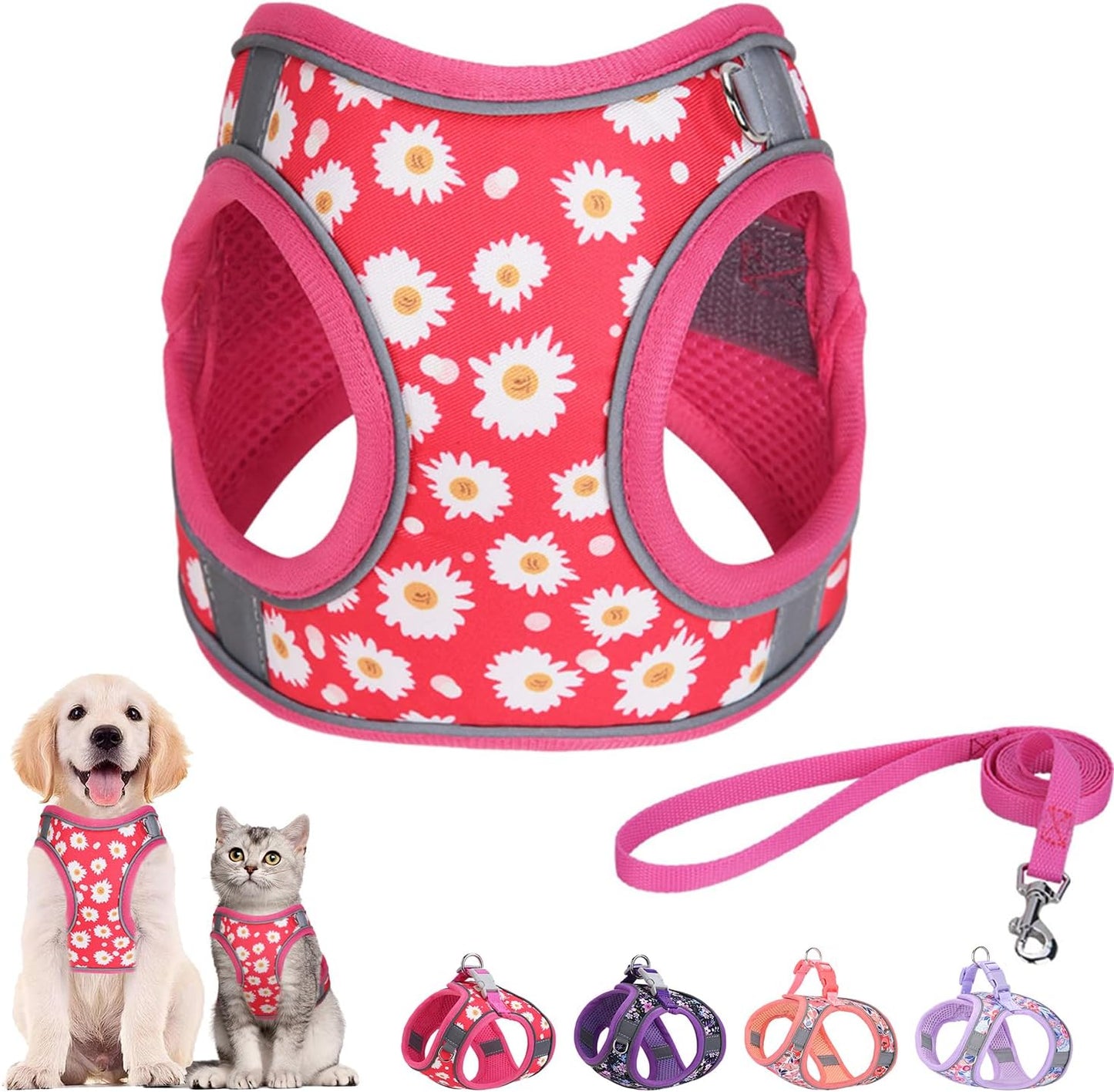 Flymind adjustable flower puppy harness pink mesh design close up view.