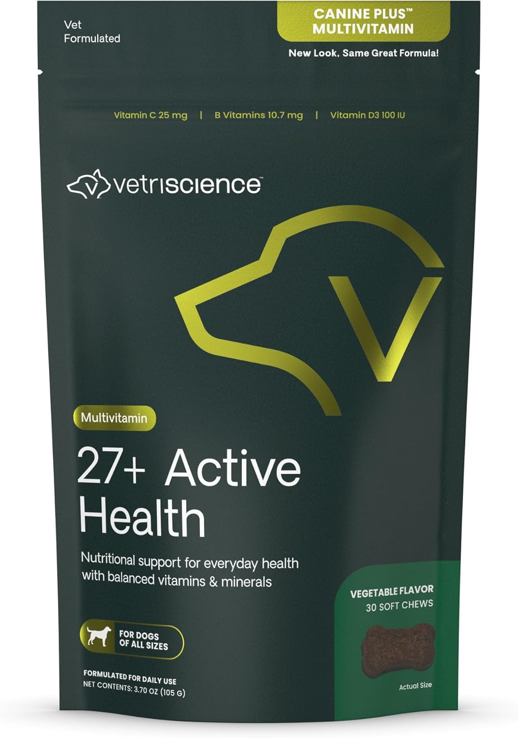 Detailed nutrition label on VetriScience 27+ Active Health bottle