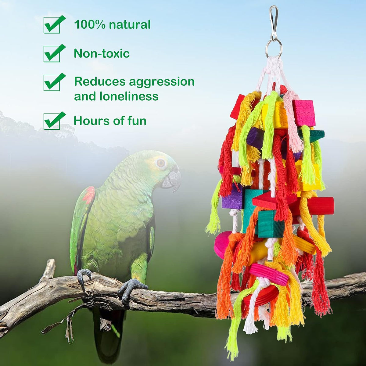 Rypet parrot cage toy displayed with colorful wooden pieces