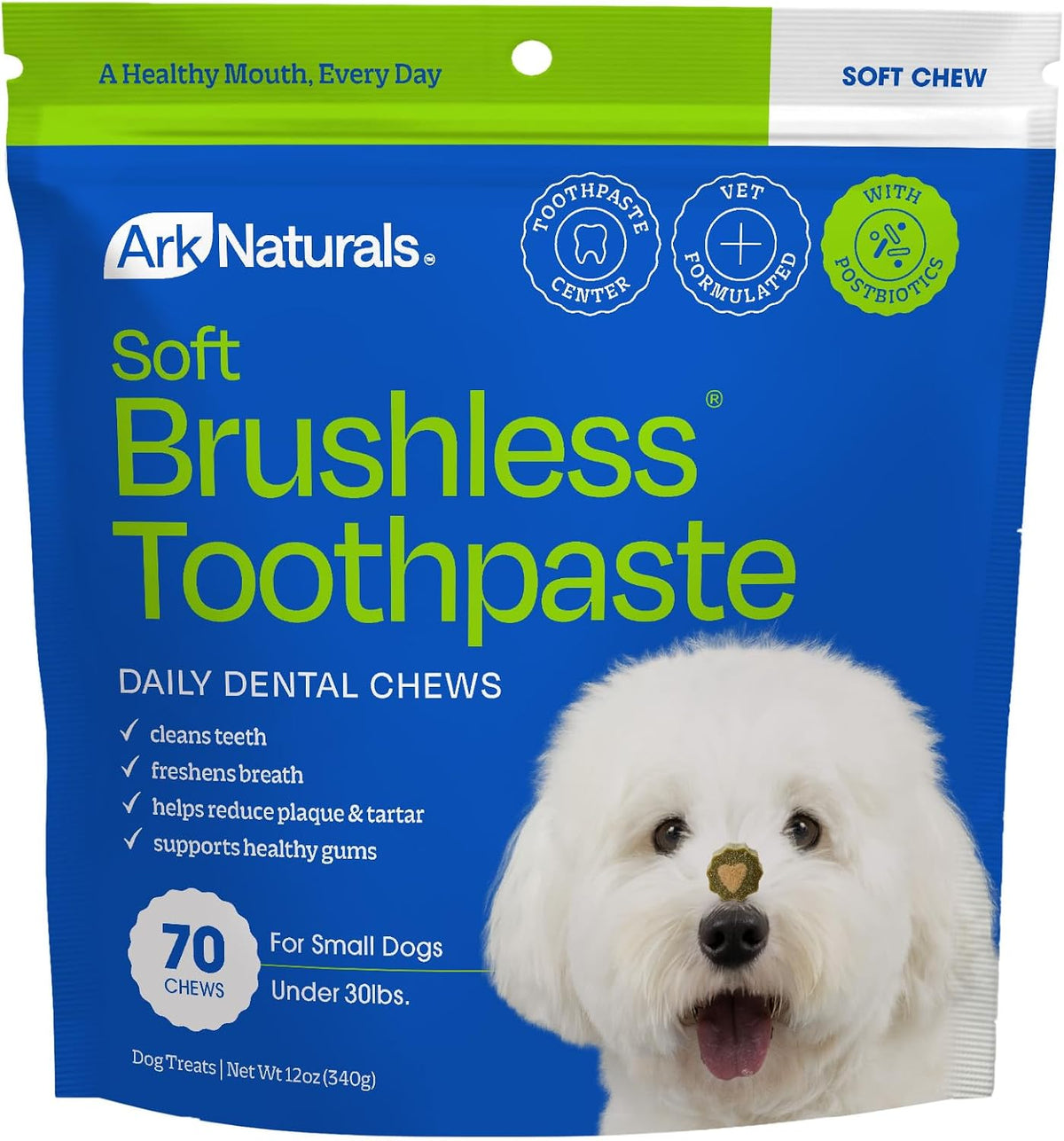 Ark Naturals daily dental treats bag opened showing individual chews
