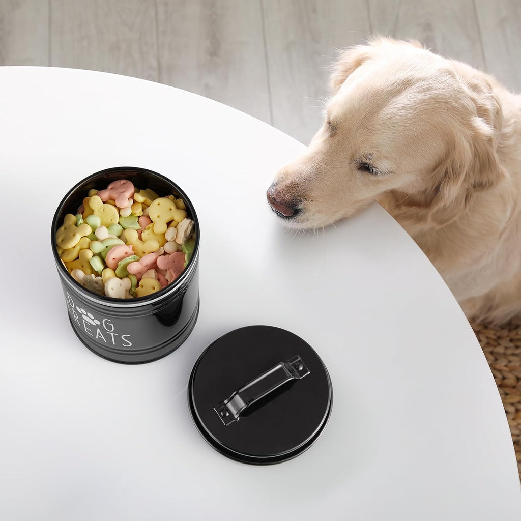 Small dog treat container next to pet supplies