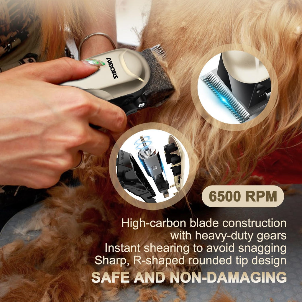 Gold dog grooming clippers highlighting the high-carbon steel blade for thick coats