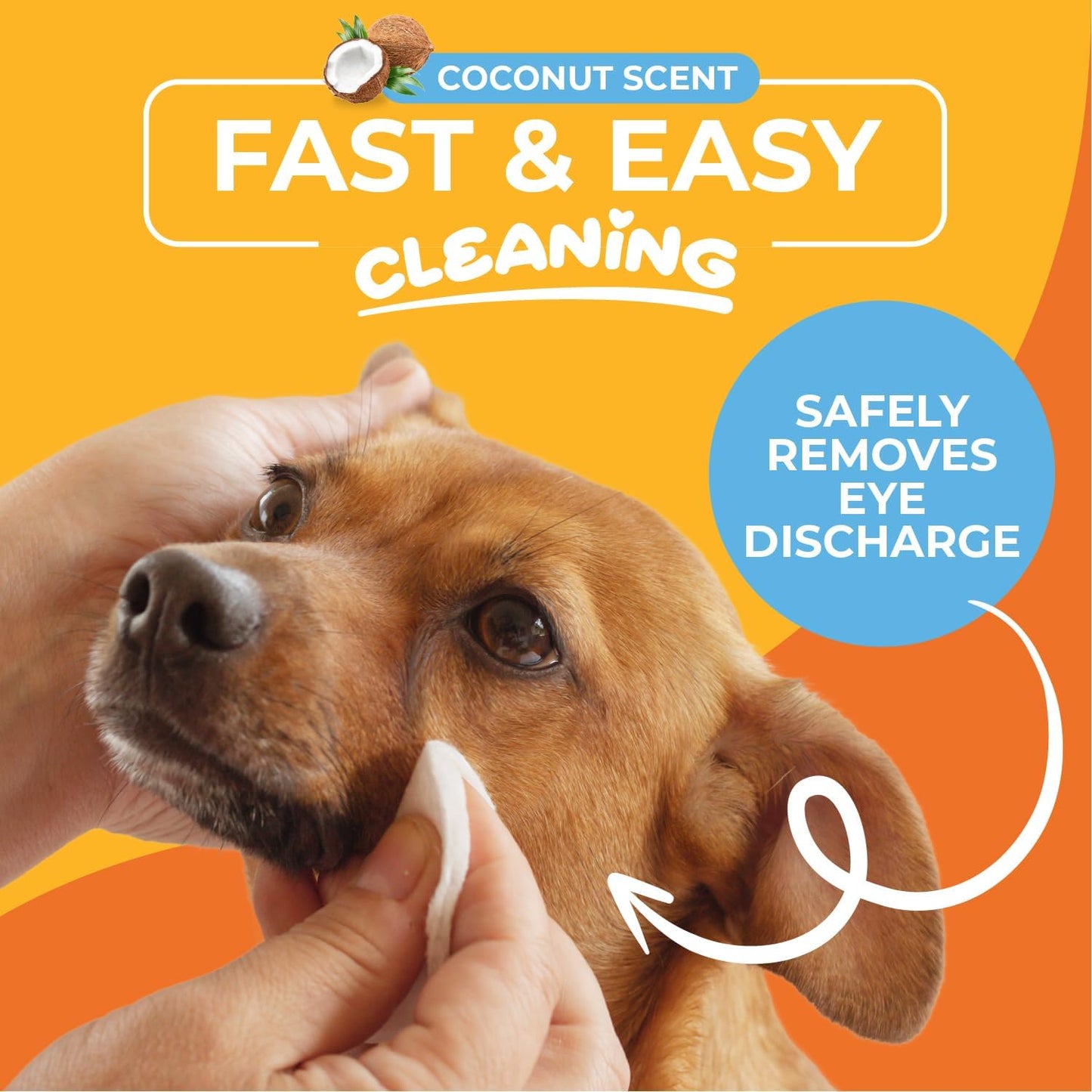 Hypoallergenic pet eye and face wipes container showing coconut scent details.