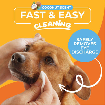 Hypoallergenic pet eye and face wipes container showing coconut scent details.