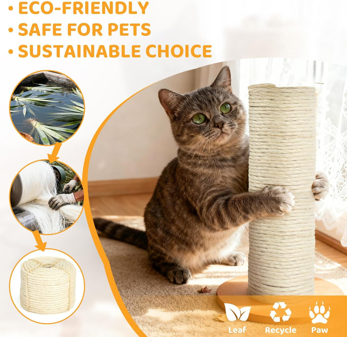 Cat playing on a restored scratching post with new sisal rope