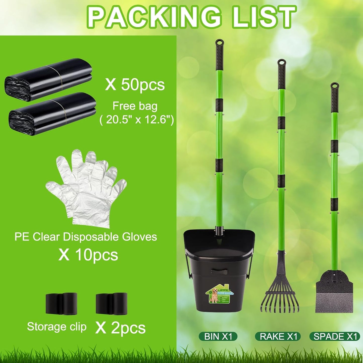 Premium authentic USA imported LANNEY pet waste scooper kit packaged with 50 thick garbage bags.
