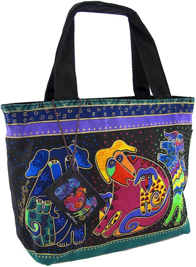 Zeckos Laurel Burch Dogs and Doggies Small Tote Bag front view colorful print