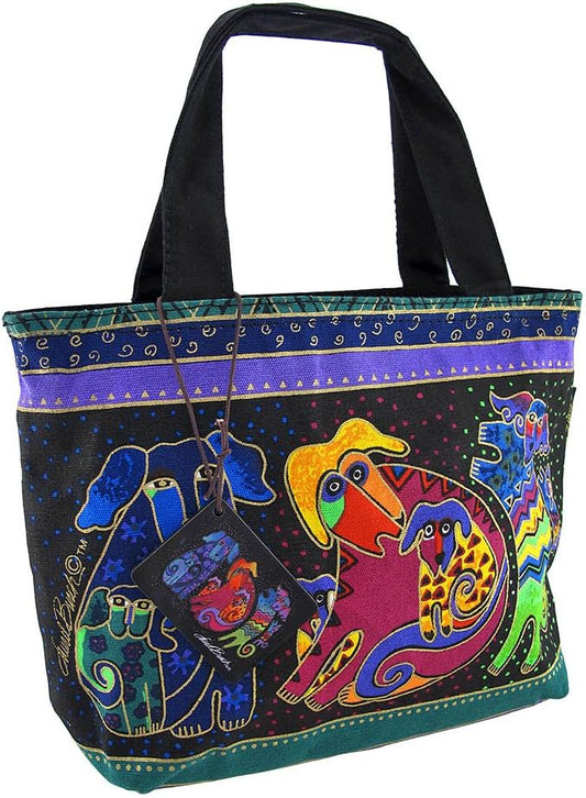 Zeckos Laurel Burch Dogs and Doggies Small Tote Bag front view colorful print