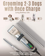 Oneisall quiet dog grooming kit with six guide comb attachments and stainless steel scissors.