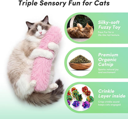 Four assorted plush kicker pillows for cats