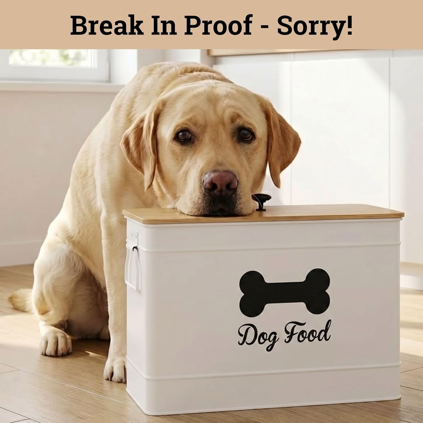 Dog Food Container Airtight 15-20 lb (70 Cup) Capacity with Metal Scoop - Cute Airtight Dog Food Storage Container with Bamboo Lid - White Metal Kibble Storage Bin for Dogs up to 100 lbs - Big Pet Jar - Image 9