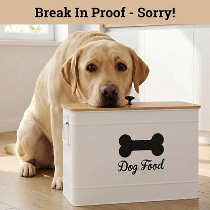 Dog Food Container Airtight 15-20 lb (70 Cup) Capacity with Metal Scoop - Cute Airtight Dog Food Storage Container with Bamboo Lid - White Metal Kibble Storage Bin for Dogs up to 100 lbs - Big Pet Jar - Image 9