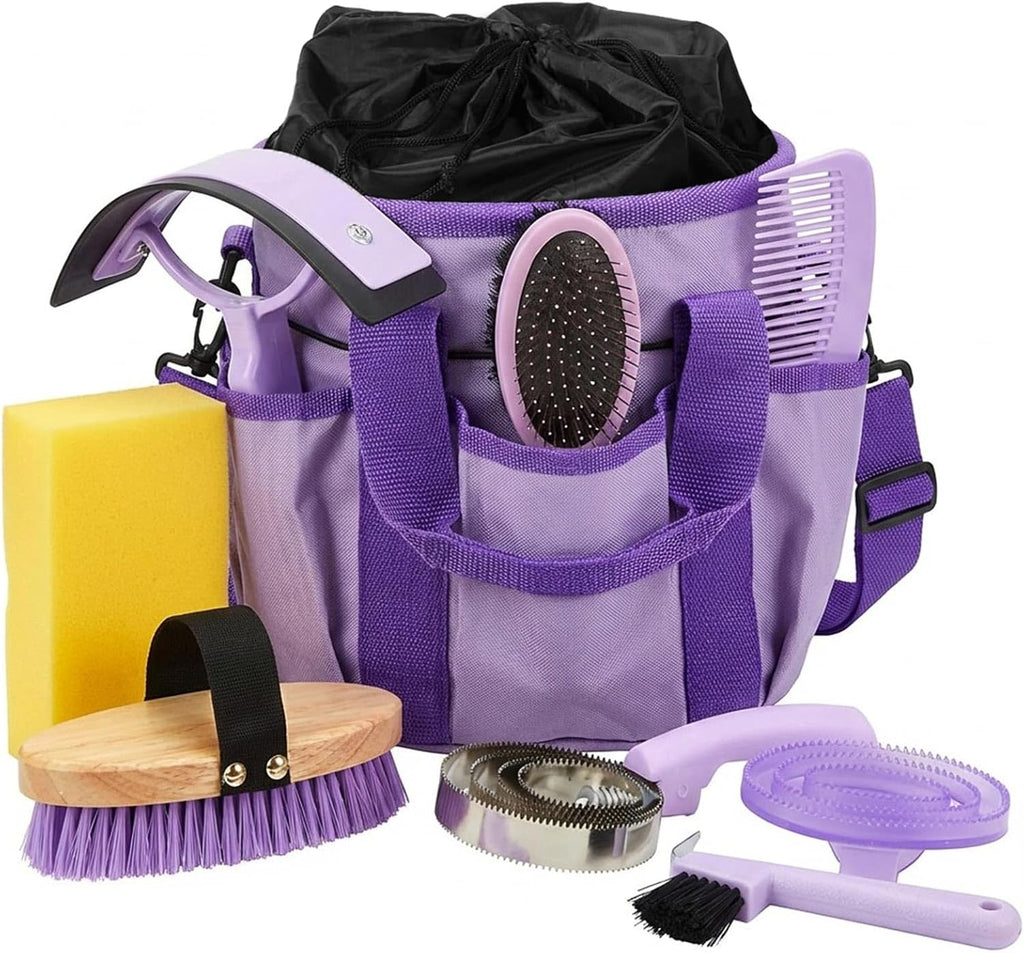 Cunhill 9 Pcs Horse Grooming Kit Tack Room Supplies Set with Tote Bag, Oval Massage Curry, Hard and Soft Brush, Hoof Pick, Sweat Scraper, Bathing Sponge, Comb for Horse Rider(Cute,Blue) - Image 11