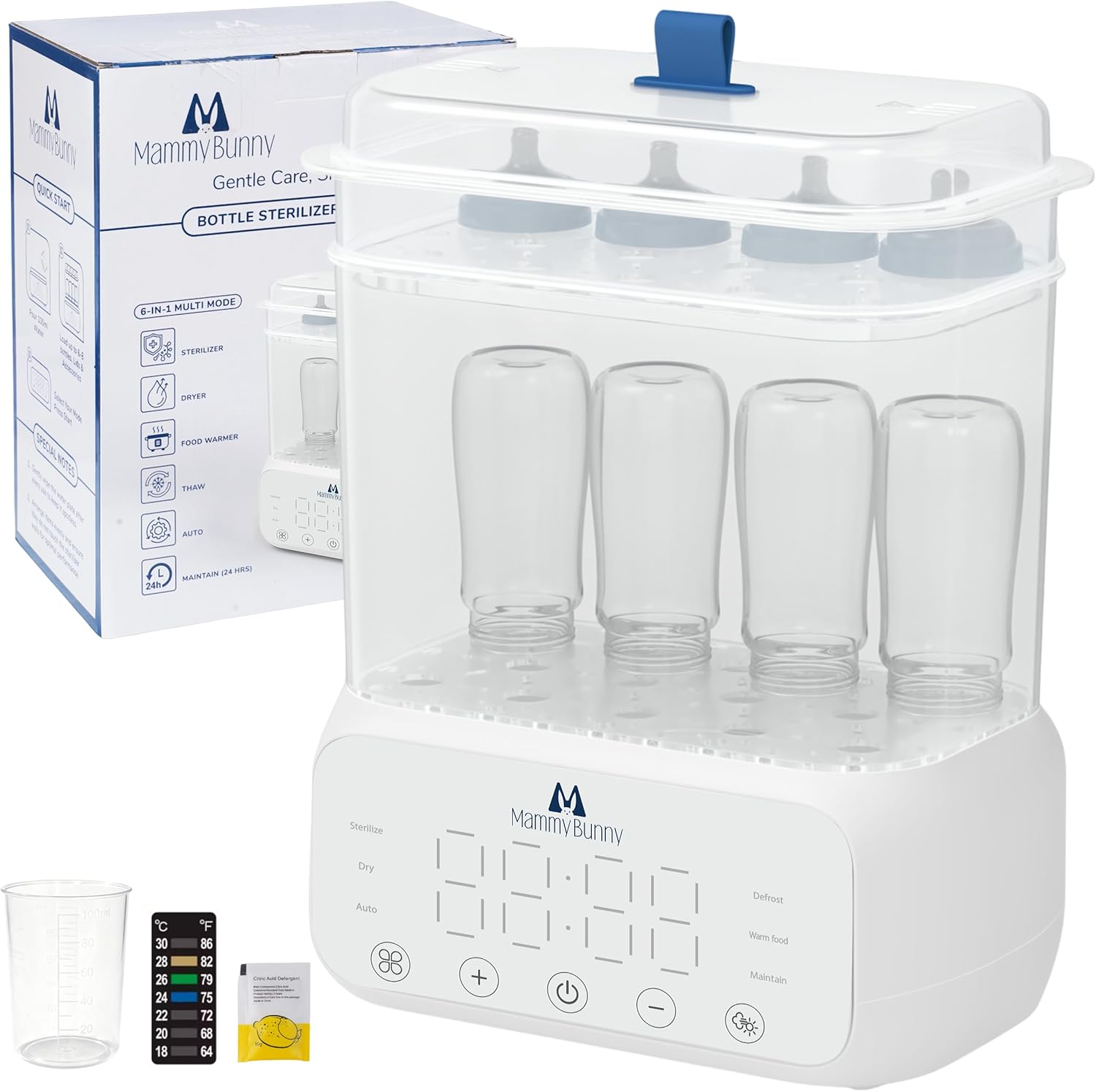 MammyBunny 3-in-1 Baby Bottle Sterilizer and Dryer front view showing digital display