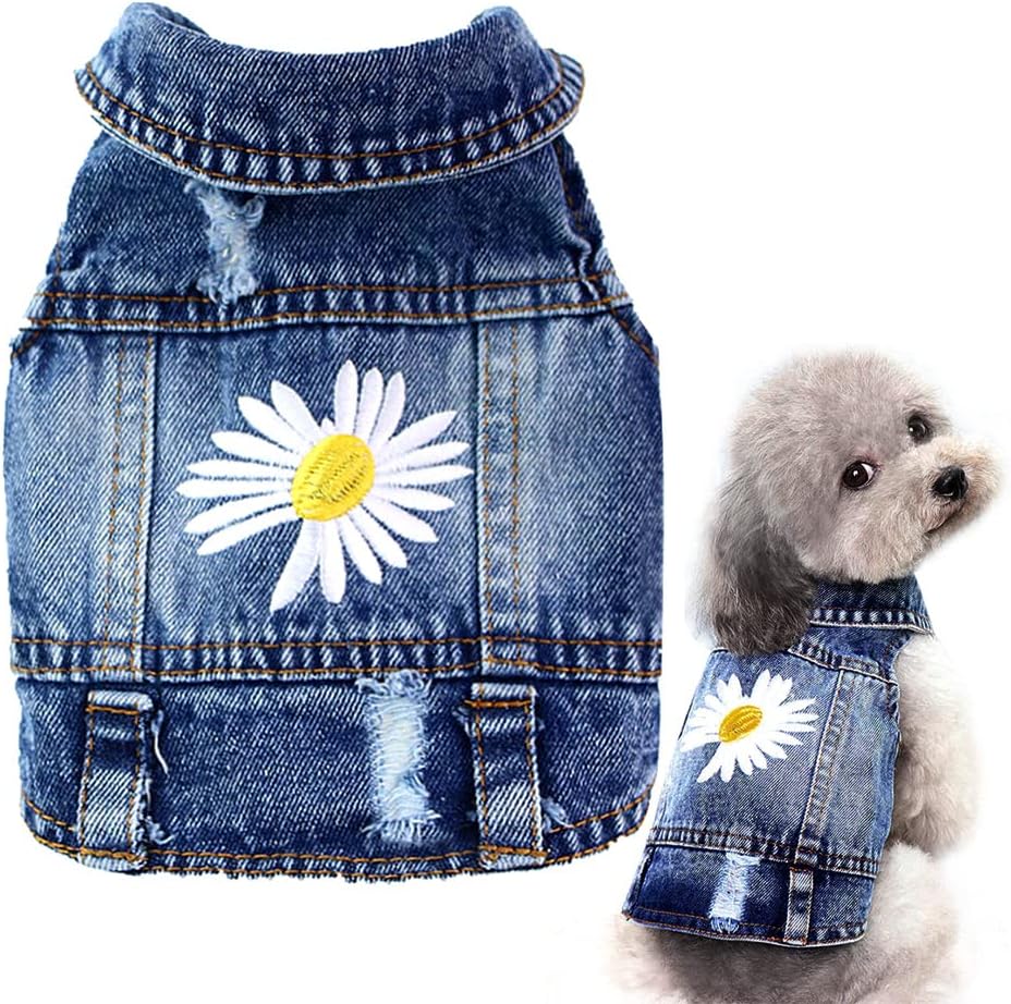 Pawstrip dog denim jacket front view featuring classic lapel collar and metal snap buttons for small pet styling.