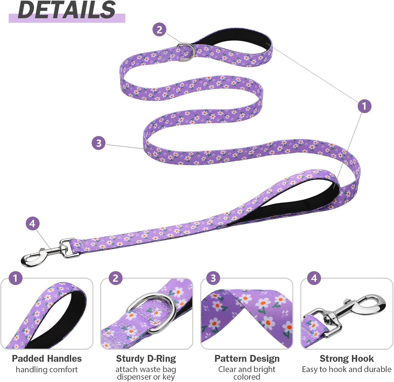 Hikiko traffic handle pet leash laid flat displaying the full six foot length