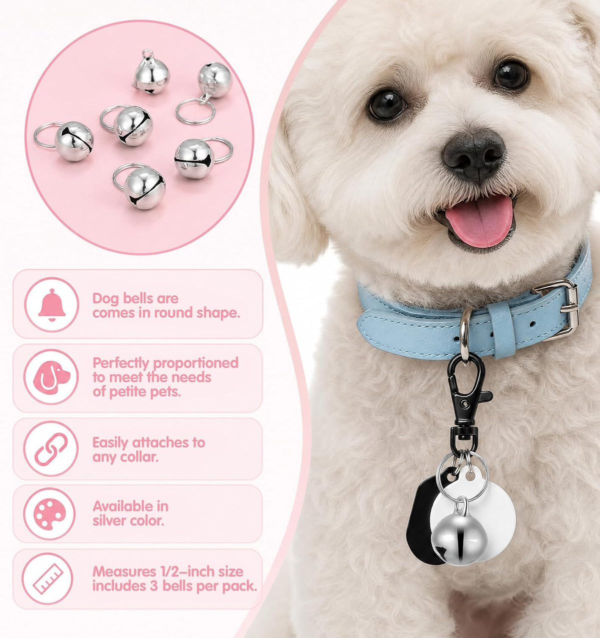 Close up view of the one half inch silver training bells for small dogs and cats