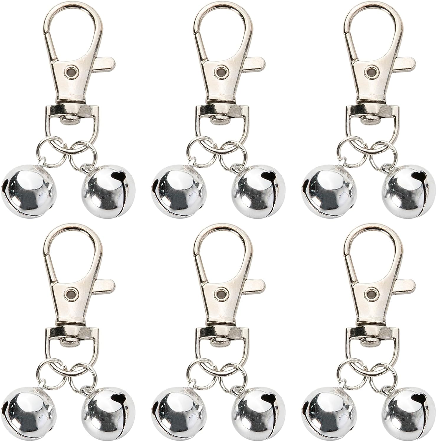 Giococo 6 Piece Dog Collar Bells front view showing silver tracking charms with heavy duty snaps.