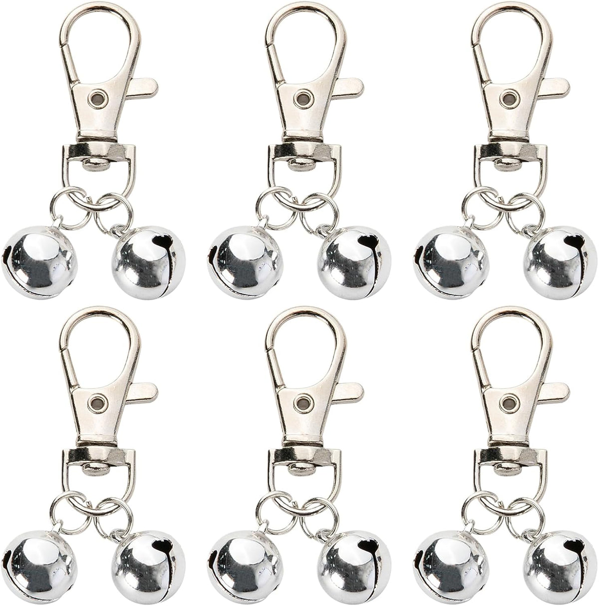 Giococo 6 Piece Dog Collar Bells front view showing silver tracking charms with heavy duty snaps.