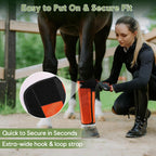 Premium imported orange horse fly boots for turnout use packaging view