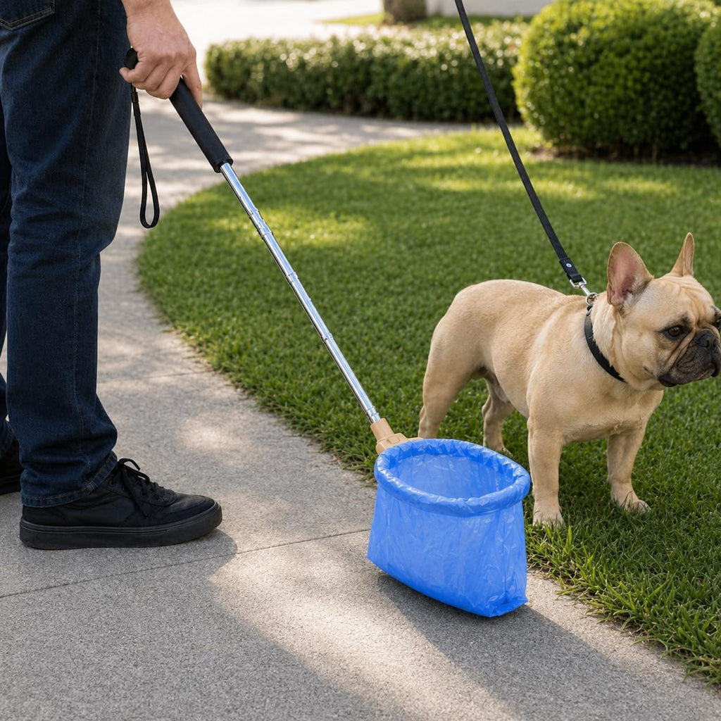 Hands-free pet waste pickup tool collapsed into its compact eight inch travel size.