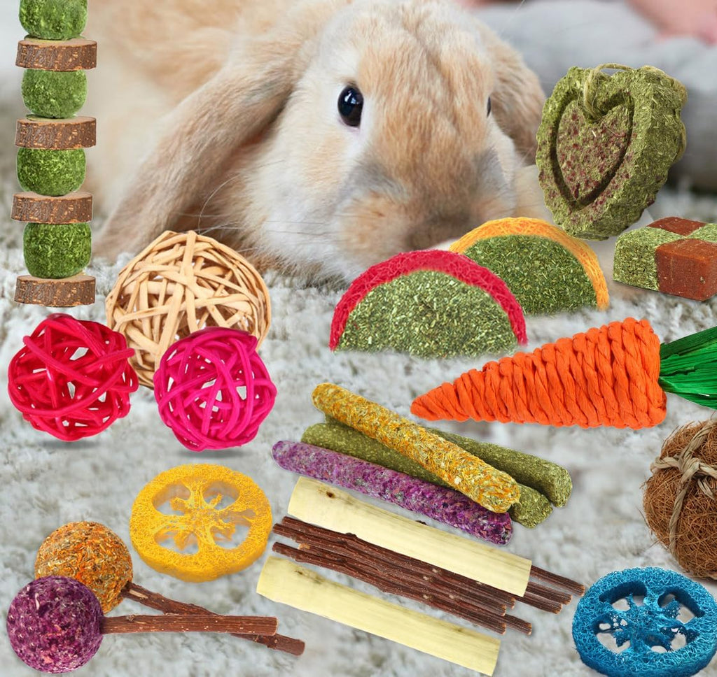 Complete twenty seven piece small animal chew toy set for boredom relief