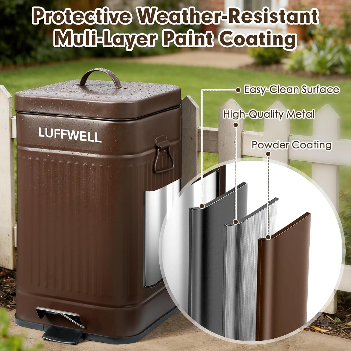 Nevink pet waste bin set up outside in a backyard lawn next to the included spade and tray scooper.