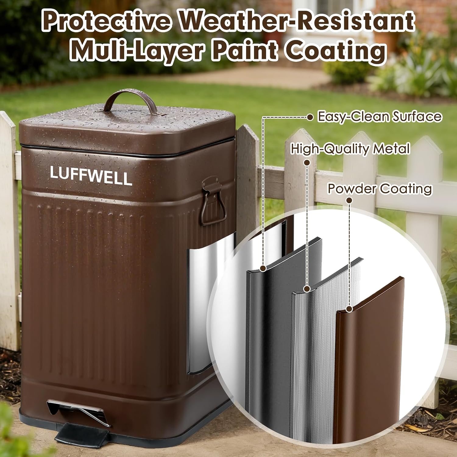Nevink pet waste bin set up outside in a backyard lawn next to the included spade and tray scooper.