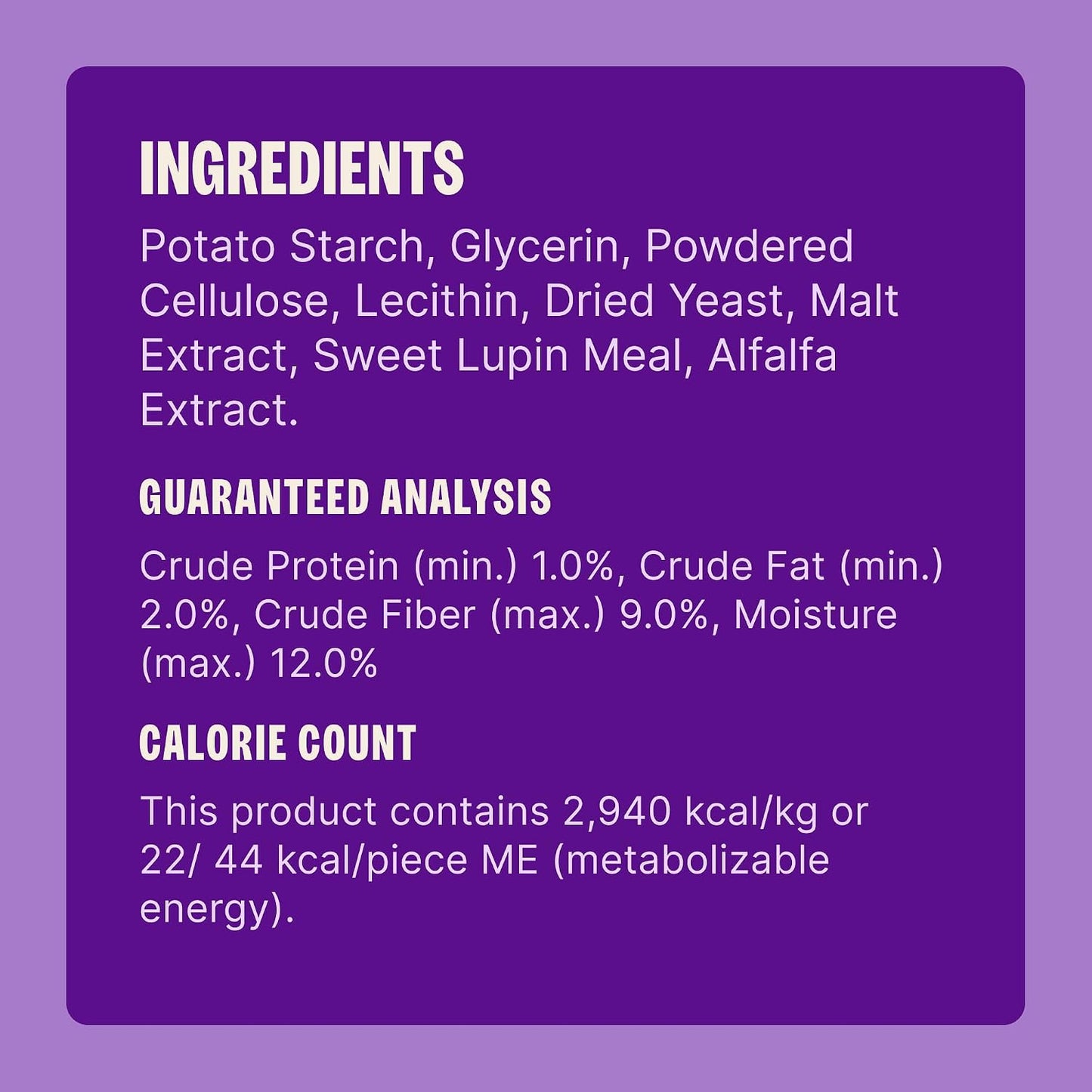 All natural ingredients list on the back of Whimzees package