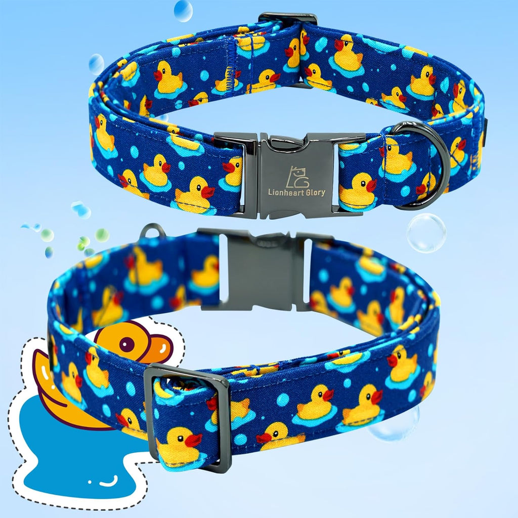 Close up of cotton fabric and ducky print on Lionheart Glory collar