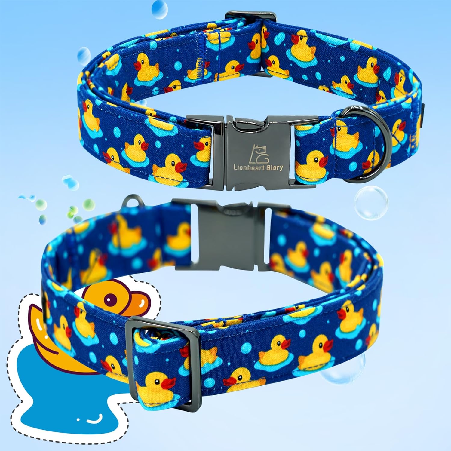 Close up of cotton fabric and ducky print on Lionheart Glory collar