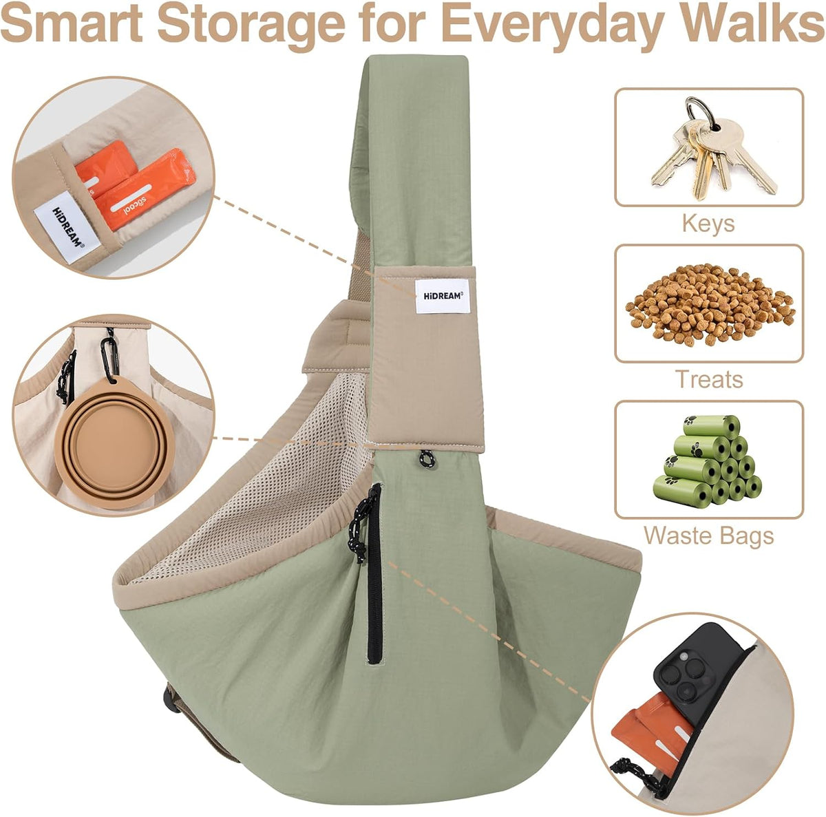 HÃ¶nPom dog carrier sling highlighting zipper pocket storage