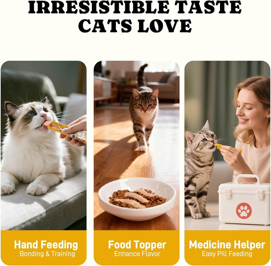 Hand feeding a cat with a Petasty salmon creamy treat