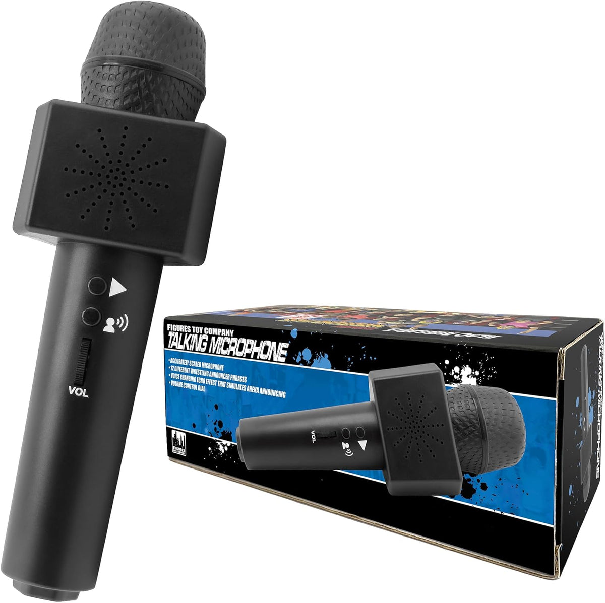 Figures Toy Company Talking Wrestling Ring Announcer Microphone front view showing gray design and buttons.
