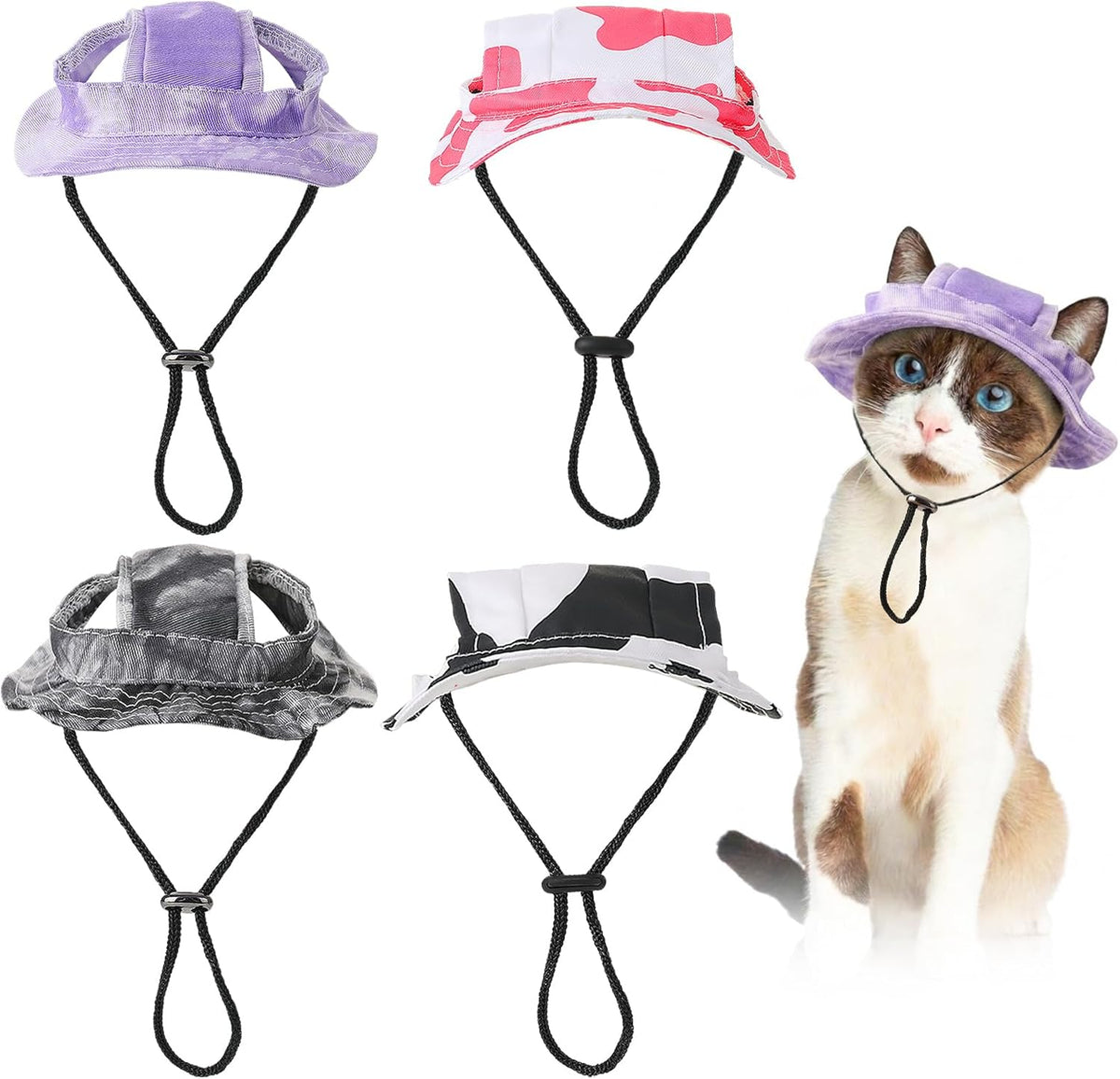 Zhamate 4 piece cat sun hat set showing assorted colors.