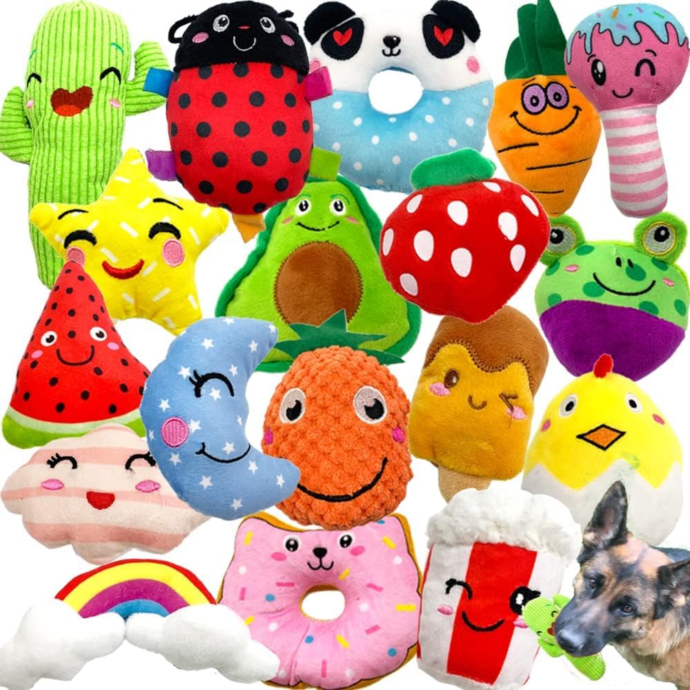 Jalousie 18 pack squeaky dog plush toy collection front view