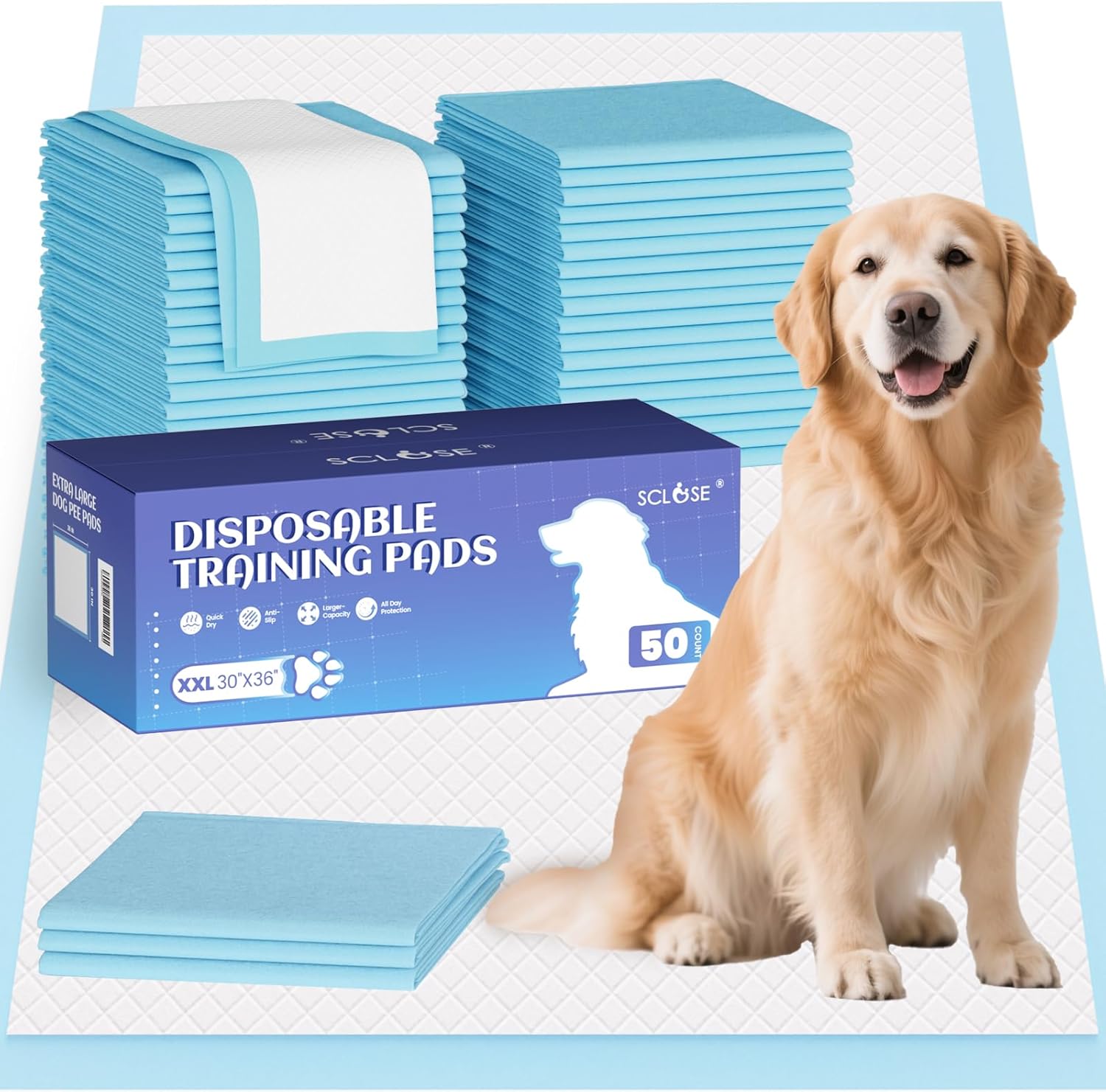SCLOSE dog pee pads front view of fifty count packaging