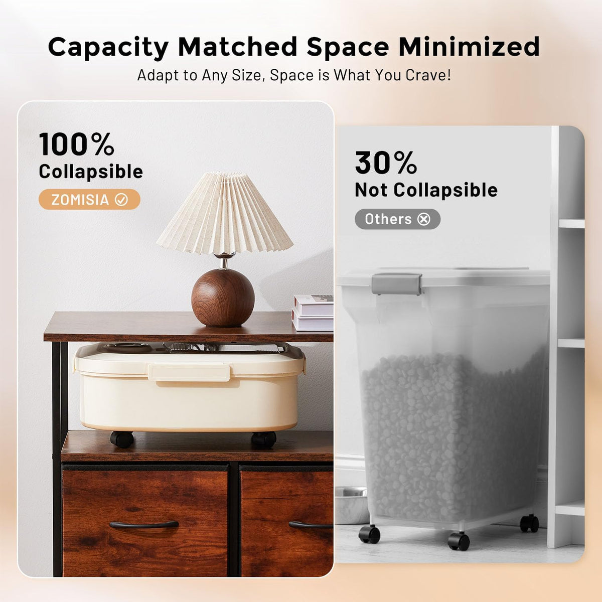 Zomisia pet food container in folded space-saving mode