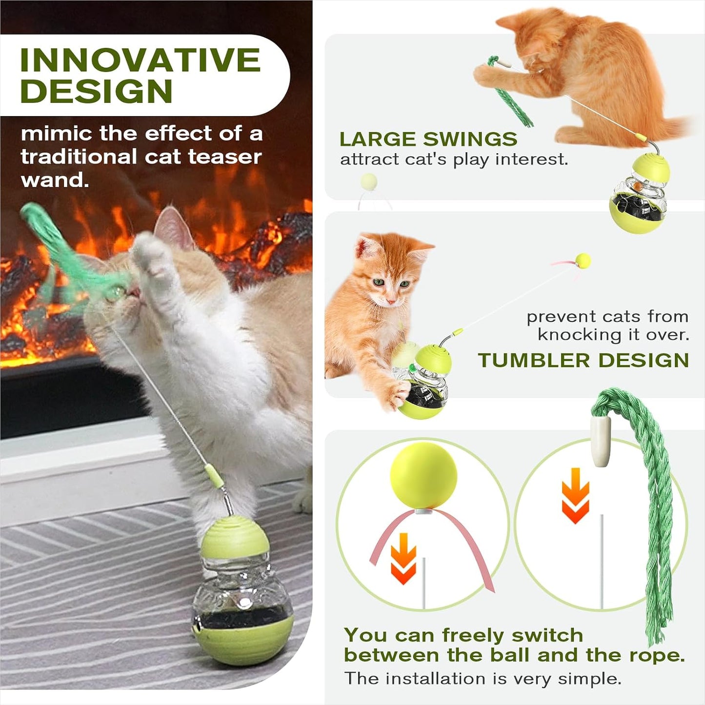 Side profile of the durable ABS plastic TLKNG kitten toy demonstrating the weighted never tip design.