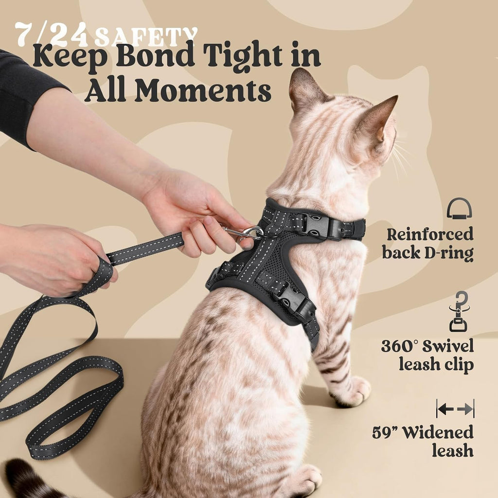 rabbitgoo Easy-on Cat Harness and Leash with Neck Buckle, S, Black | Escape Proof, No Over-the-head, Lockable Adjusters, 3 Secure Buckles, Soft Air Mesh, Reflective, for Average Adult Cats Walks - Image 9